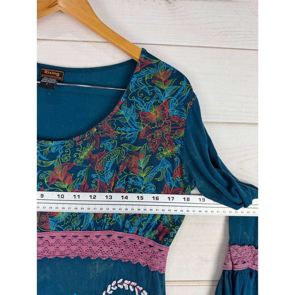Rising International Dress Large Teal Floral Embroidered Bell Sleeve Tunic Boho - Picture 4 of 7